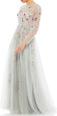 Mac Duggal Embroidered Illusion High Neck Long Sleeve A Line Gown