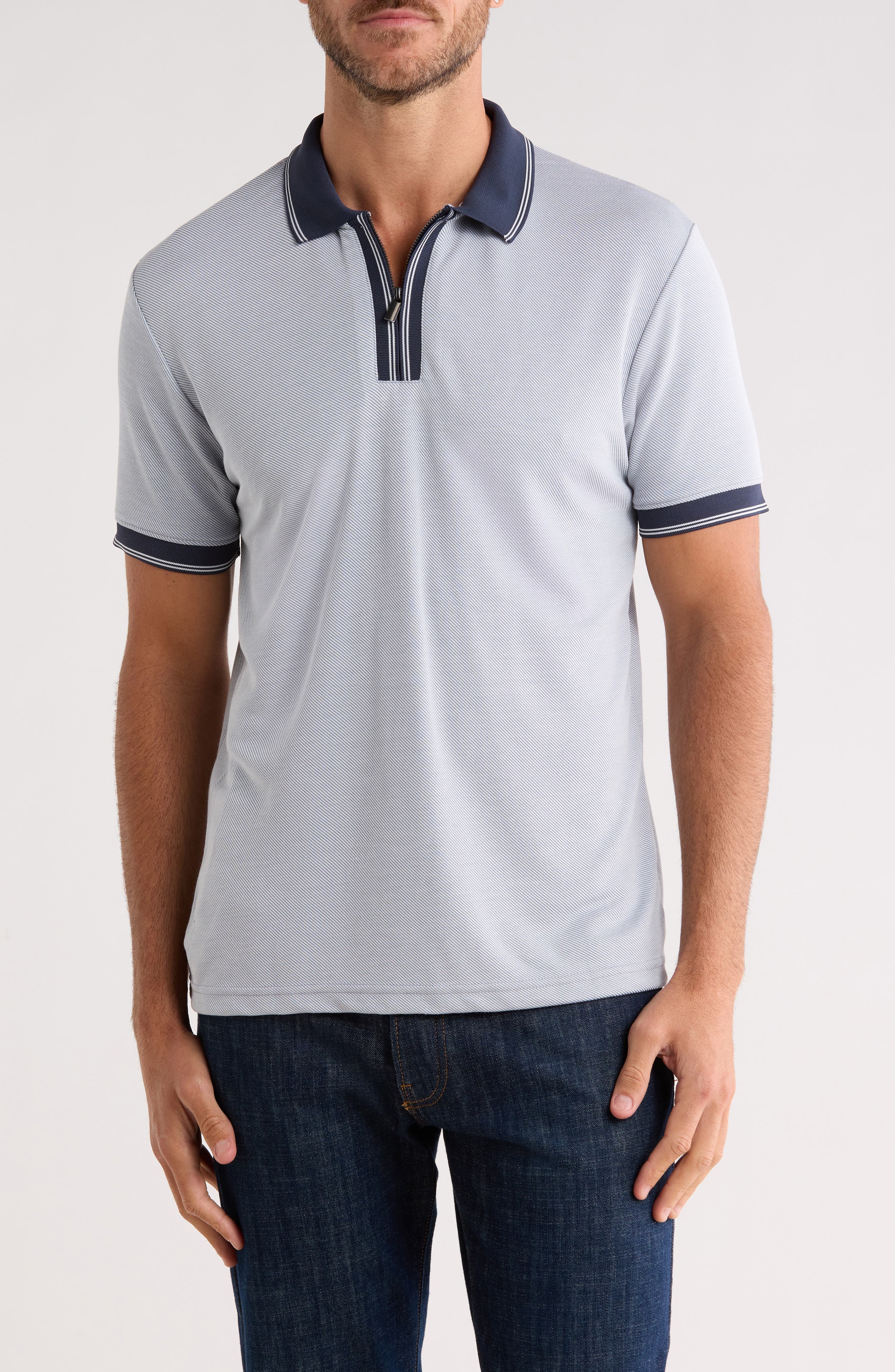 DENIM AND FLOWER Stripe Quarter Zip Polo
