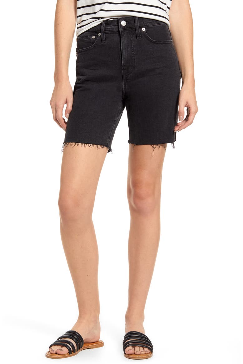 High Waist Mid Length Denim Shorts, Main, color, LUNAR