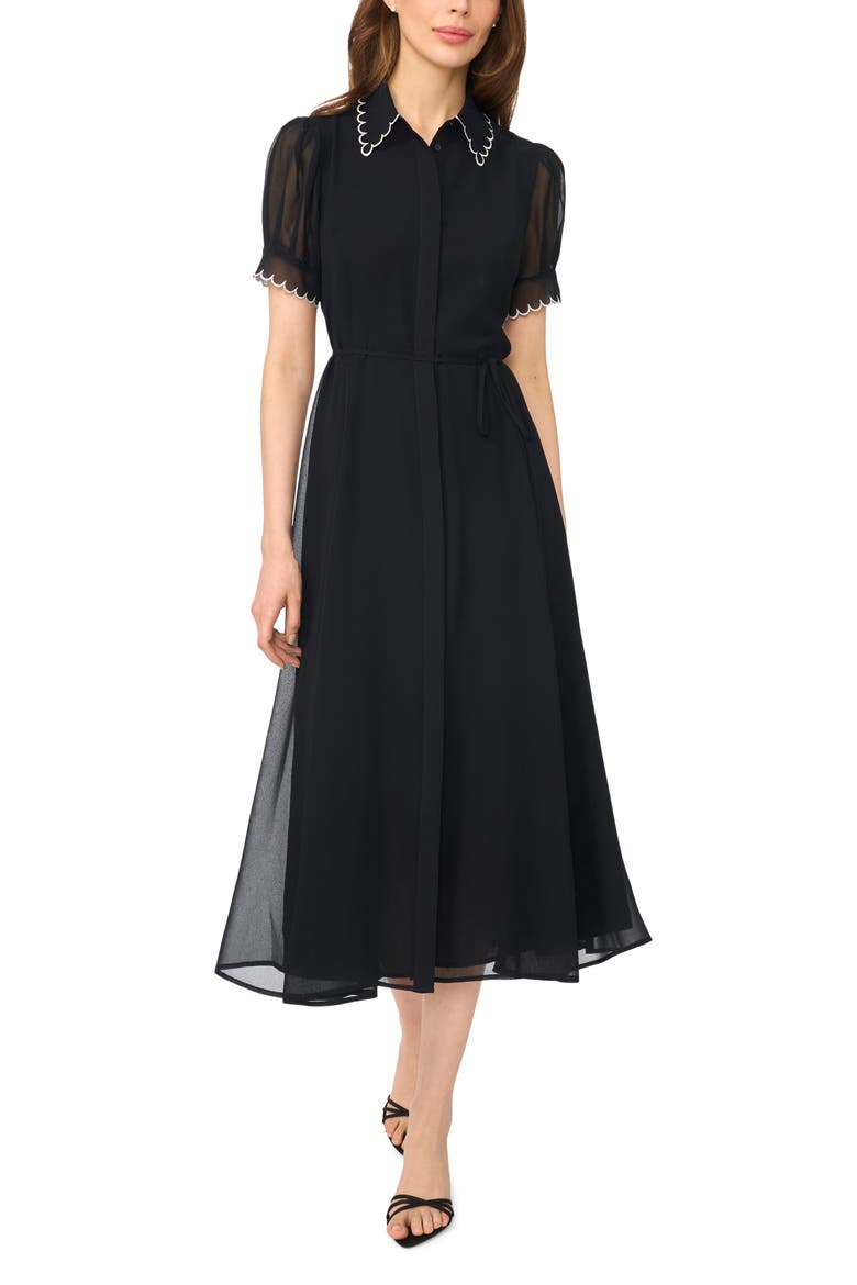 Scalloped Contrast Stitch Shirtdress, Main, color, RICH BLACK