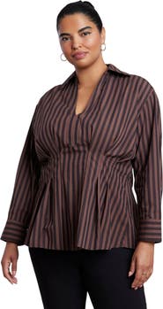 ELOQUII Pleated Striped Poplin Top