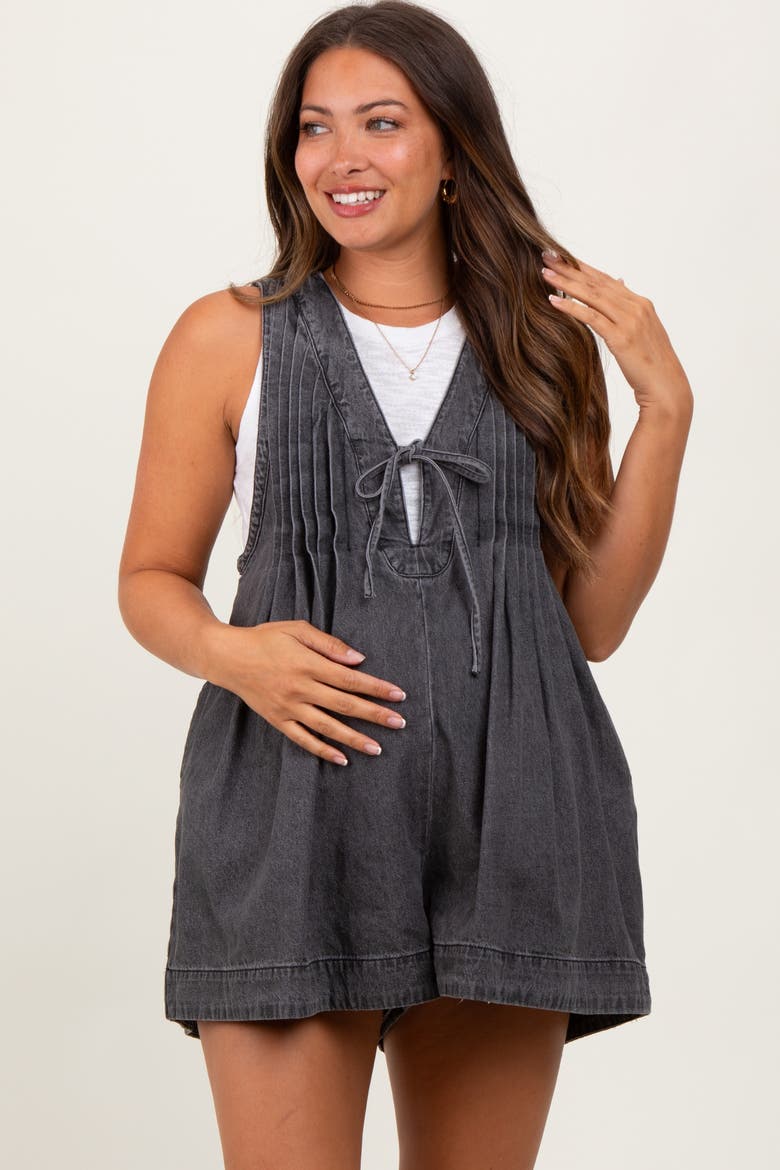 Deep V-Neck Pleated Front Tie Sleeveless Romper, Alternate, color, Charcoal Grey