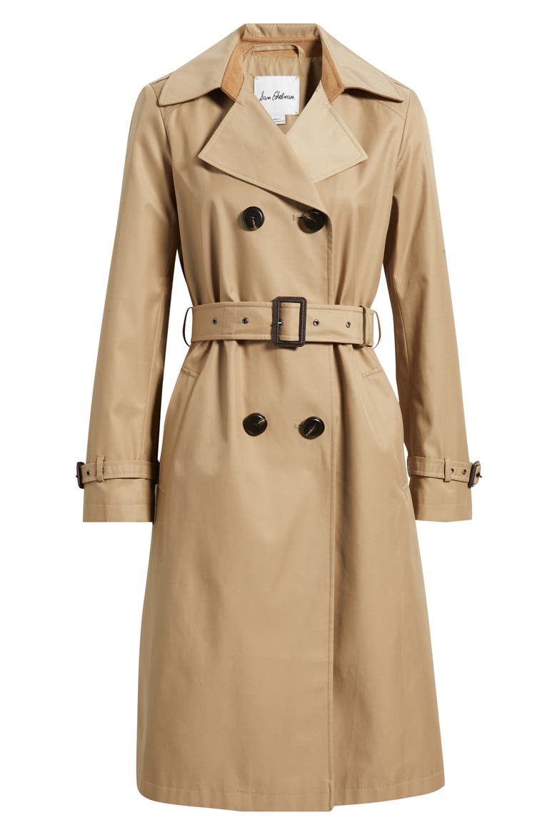 Double Breasted Trench Coat with Faux Suede Detail, Alternate, color, SAND