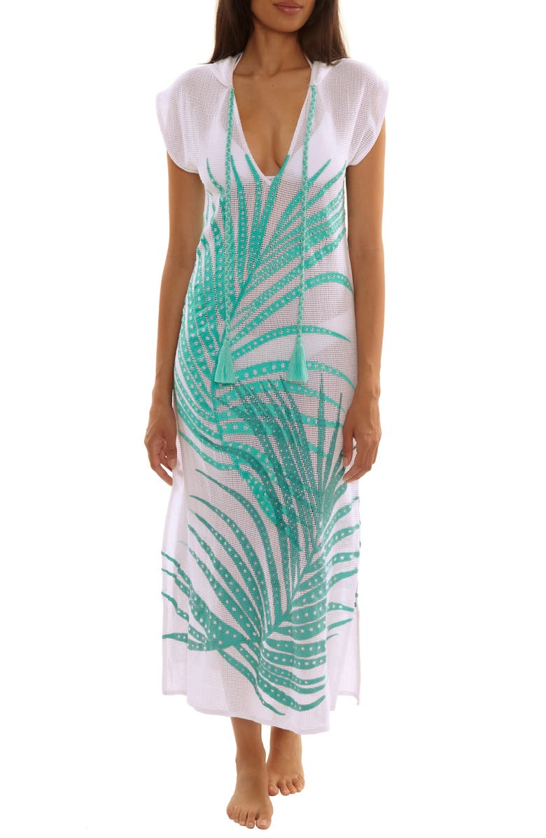 Trina Turk Sheer Tropics Cover-Up Dress, Main, color, Aqua