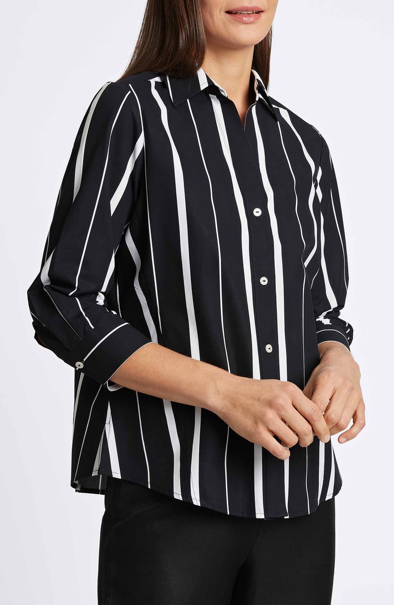 Foxcroft Paityn Stripe Three-Quarter Sleeve Cotton Button-Up Shirt, Alternate, color, Black/ White