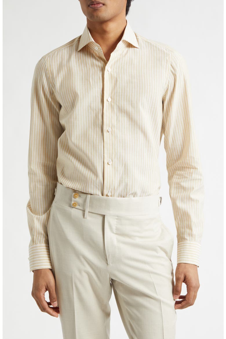 Stripe Cotton & Linen Button-Up Shirt, Main, color, WHITE/ YELLOW