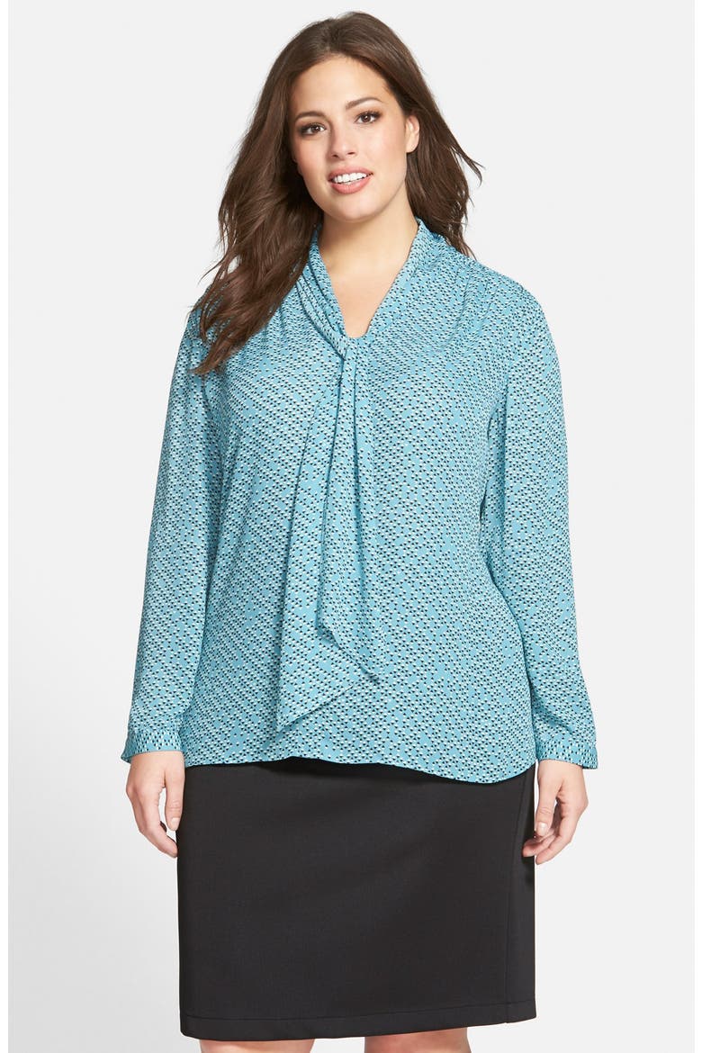 Tie Neck Blouse, Main, color, TEAL BLUE DIAMOND PRINT
