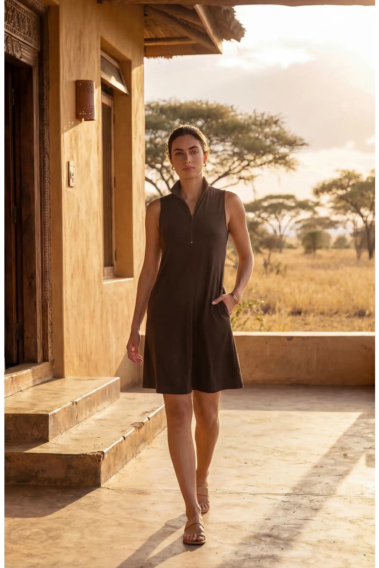 Travel Jersey Half Zip Shift Dress, Alternate, color, BROWN
