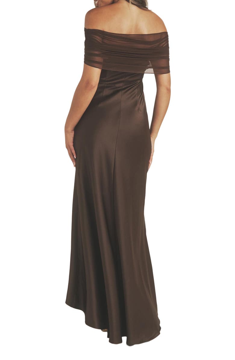 Six Stories Bardot Detail Satin Midaxi Dress, Alternate, color, Mocha