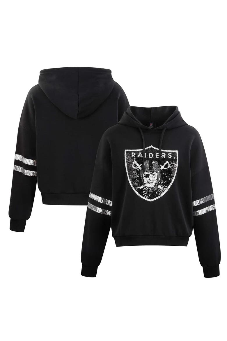 Women's Cuce Black Las Vegas Raiders Cropped Sequins Pullover Hoodie, Alternate, color, Black