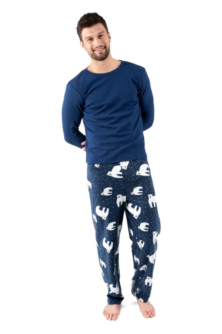 Men's Cotton Top & Fleece Pants Printed Matching Family Holiday Pajama Set, Main, color, Polar Bear