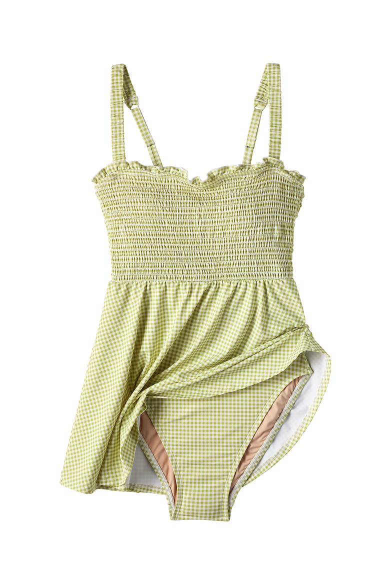 Womens Square Neck Smocked Mini Swim Dress, Alternate, color, Bright Pistachio Gingham