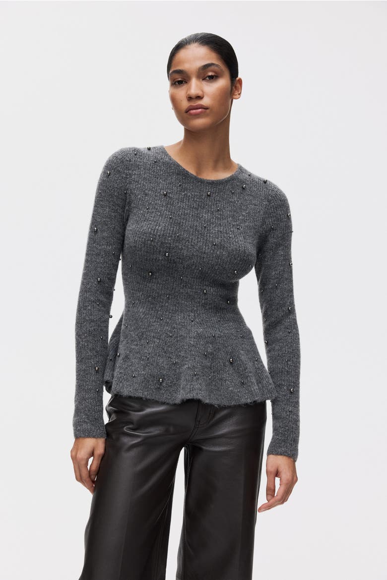 Bead-embellished Peplum Top, Alternate, color, Gray melange