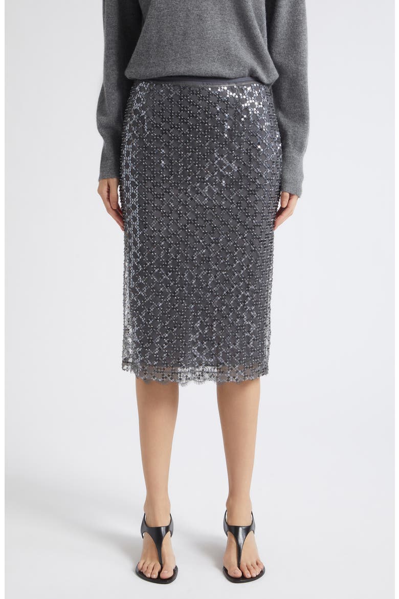 Sequin Trellis Lace Hem Skirt, Main, color, MEDIUM GREY