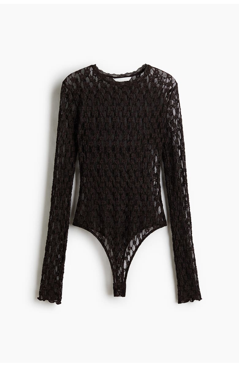 H&M Lace-look Thong Body, Main, color, Dark Brown