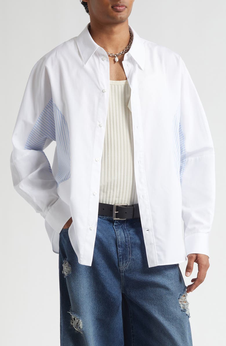 Simone Rocha Relaxed Fit Patchwork Egg Cotton Poplin Button-Up Shirt, Main, color, White/ Blue Stripe