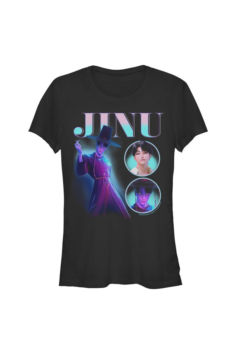 Junior's KPop Demon Hunters Jinu Saja Boy Collage  Graphic T-Shirt, Main, color, Black
