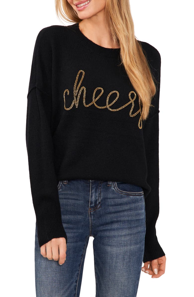 CeCe Cheers Beaded Sweater, Main, color, Rich Black