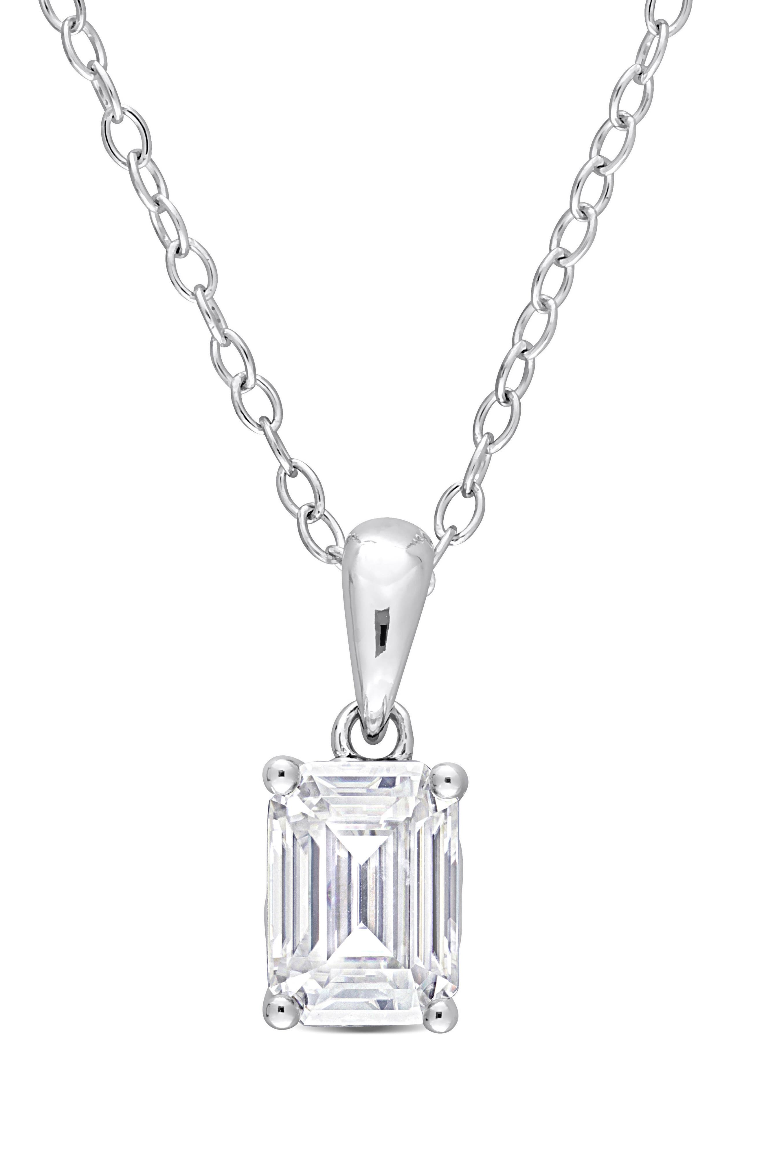 DELMAR Sterling Silver Emerald Cut Lab Created Moissanite Pendant Necklace