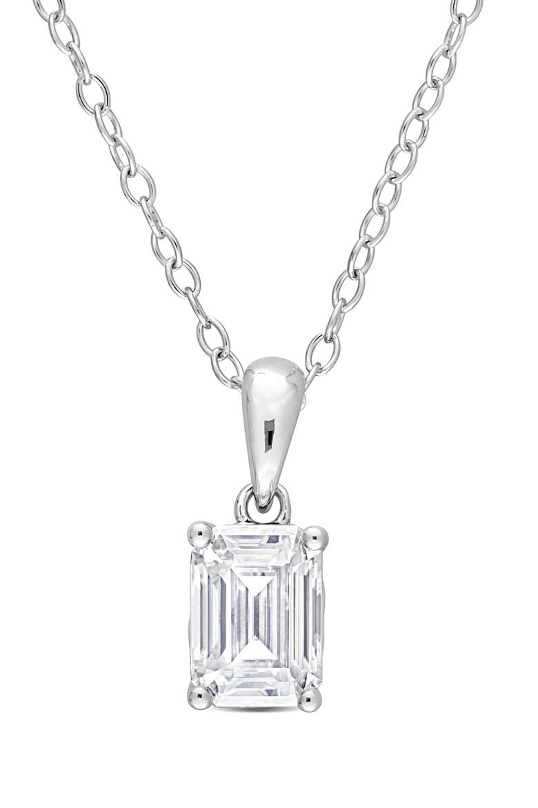 Sterling Silver Emerald Cut Lab Created Moissanite Pendant Necklace, Main, color, SILVER