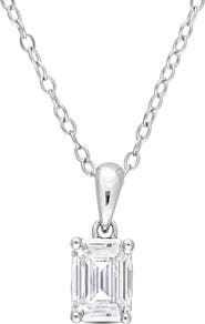 DELMAR Sterling Silver Emerald Cut Lab Created Moissanite Pendant Necklace