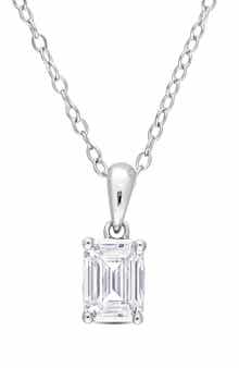 DELMAR Sterling Silver Emerald Cut Lab Created Moissanite Pendant Necklace
