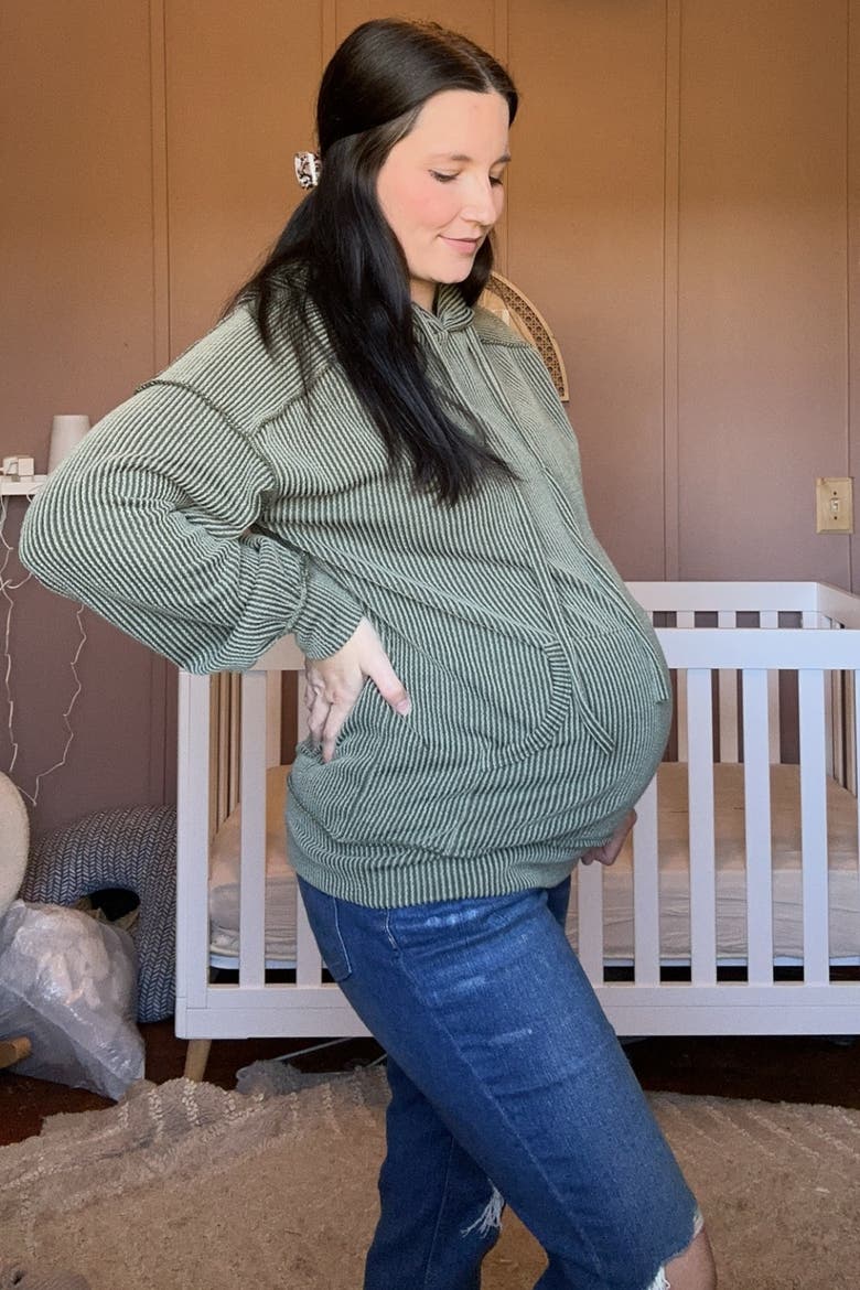 Ribbed Front Pocket Drawstring Hoodie, Alternate, color, Olive Green
