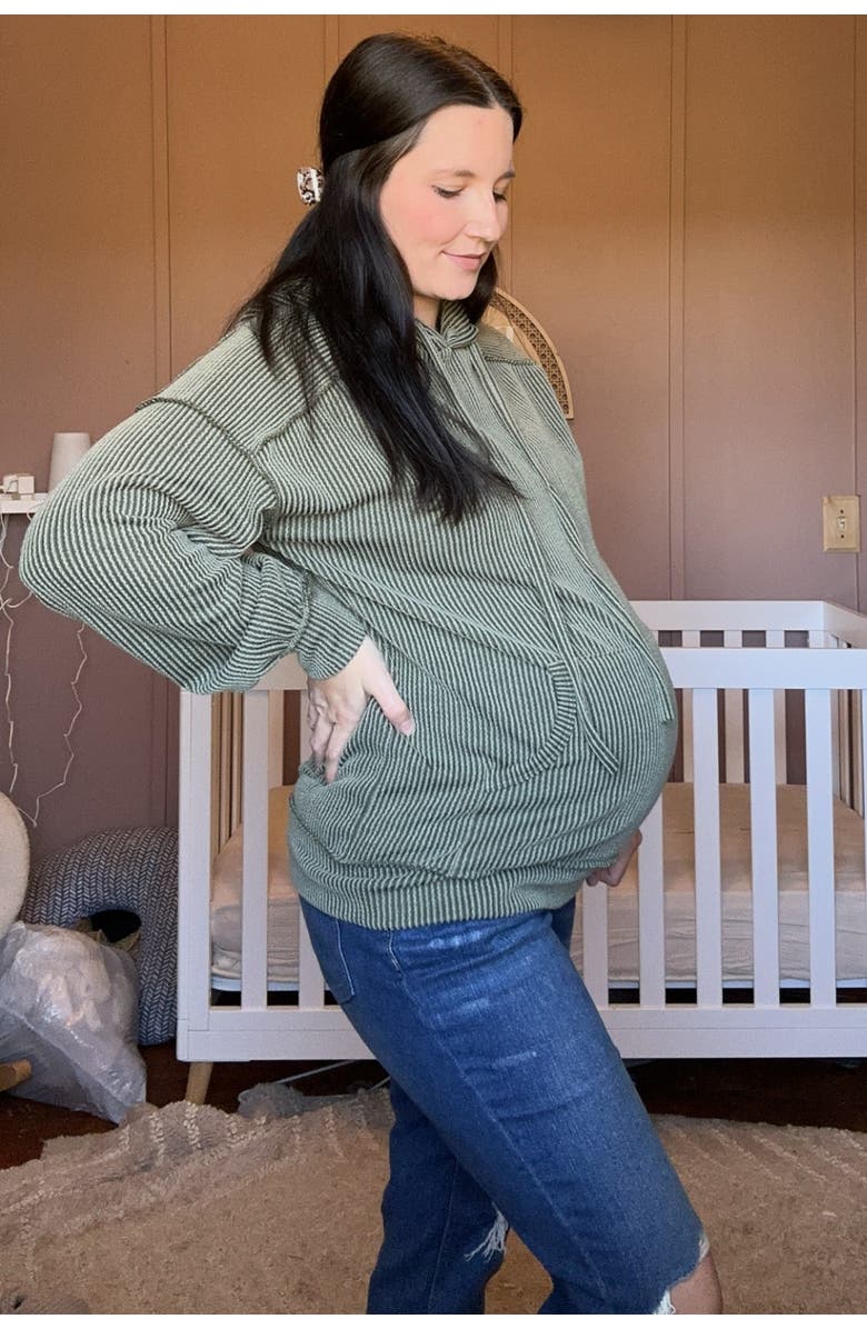 PinkBlush Ribbed Front Pocket Drawstring Hoodie, Alternate, color, Olive Green