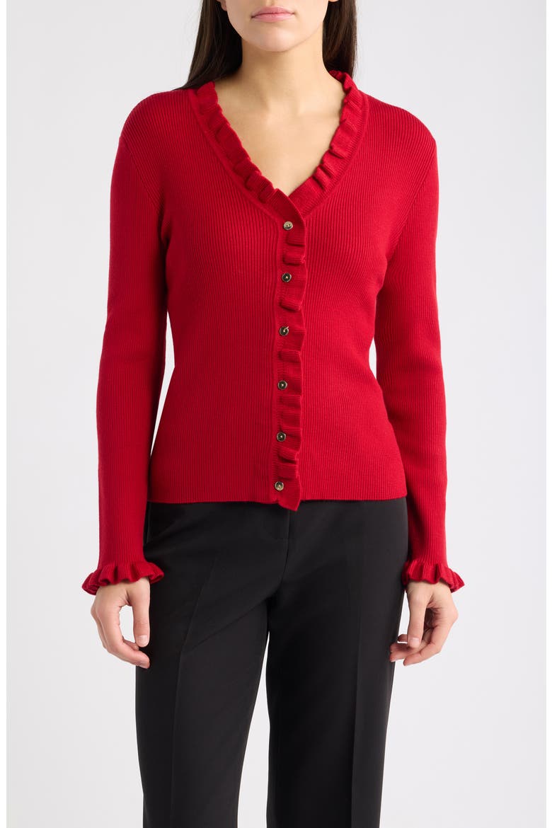 Ruffled Neck Cardigan, Main, color, LIPSTICK