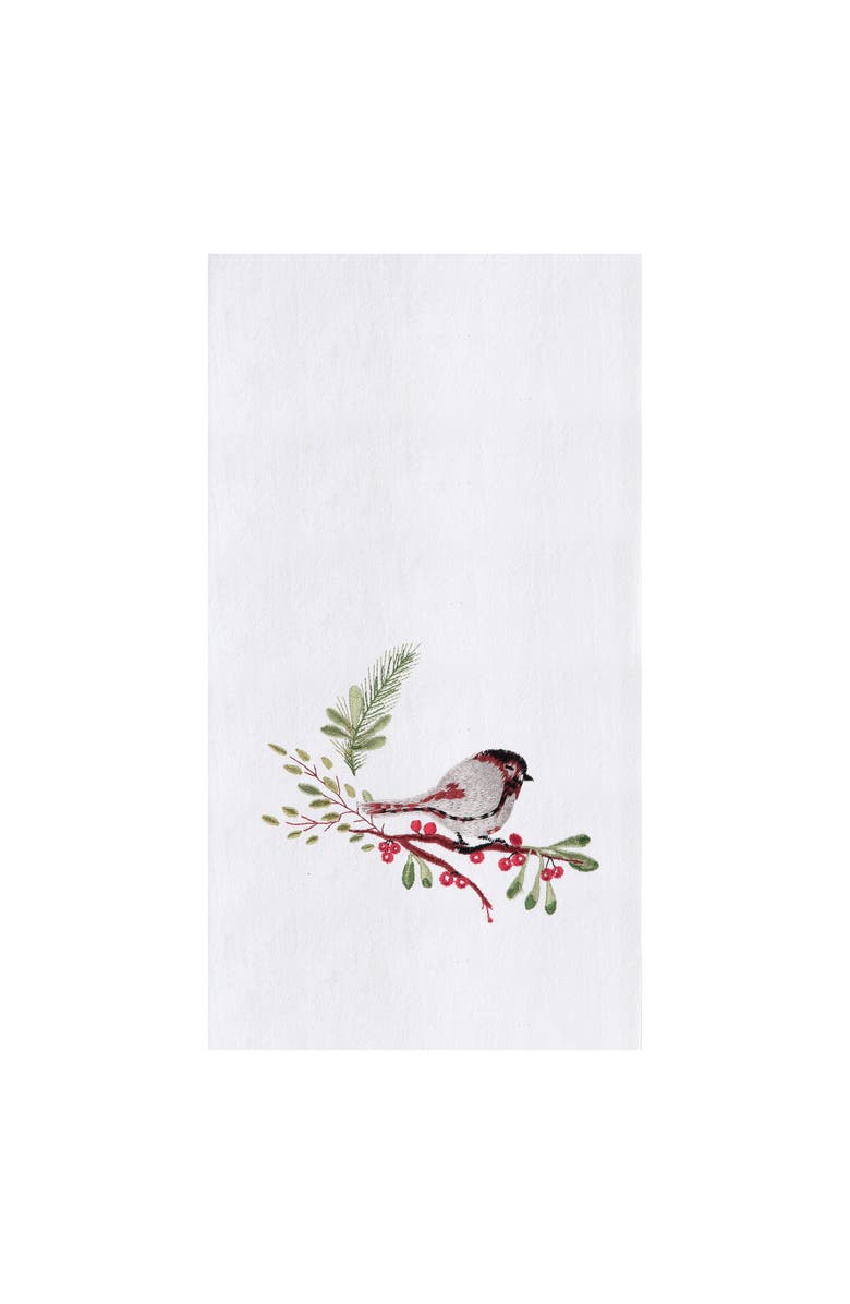 C&F Home Holiday Winter Themed Single Chickadee Bird Sitting on Red Berry Tree Embroidered Flour Sack Dish towel 27L x 18W in., Main, color, White