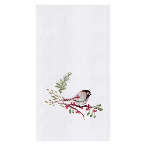 Holiday Winter Themed Single Chickadee Bird Sitting on Red Berry Tree Embroidered Flour Sack  Dish towel 27L x 18W in.