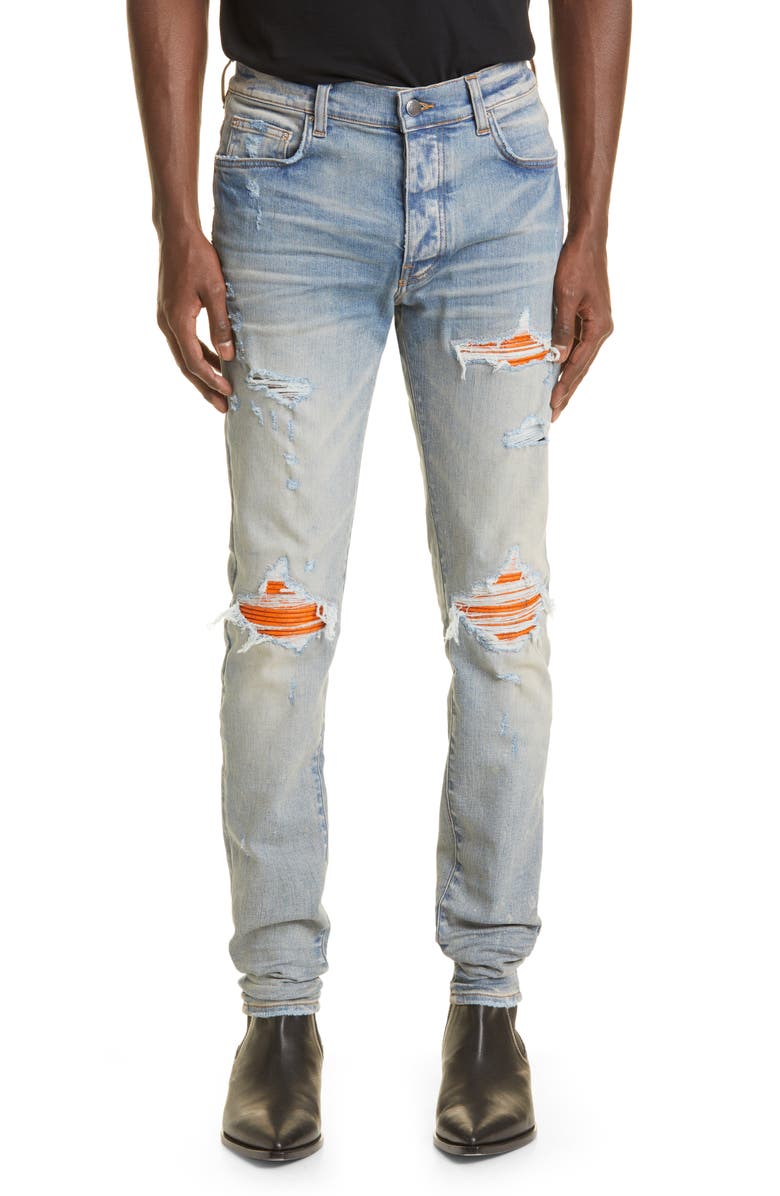 AMIRI MX1 Cracked Paint Leather Patch Ripped Skinny Jeans, Main, color, 