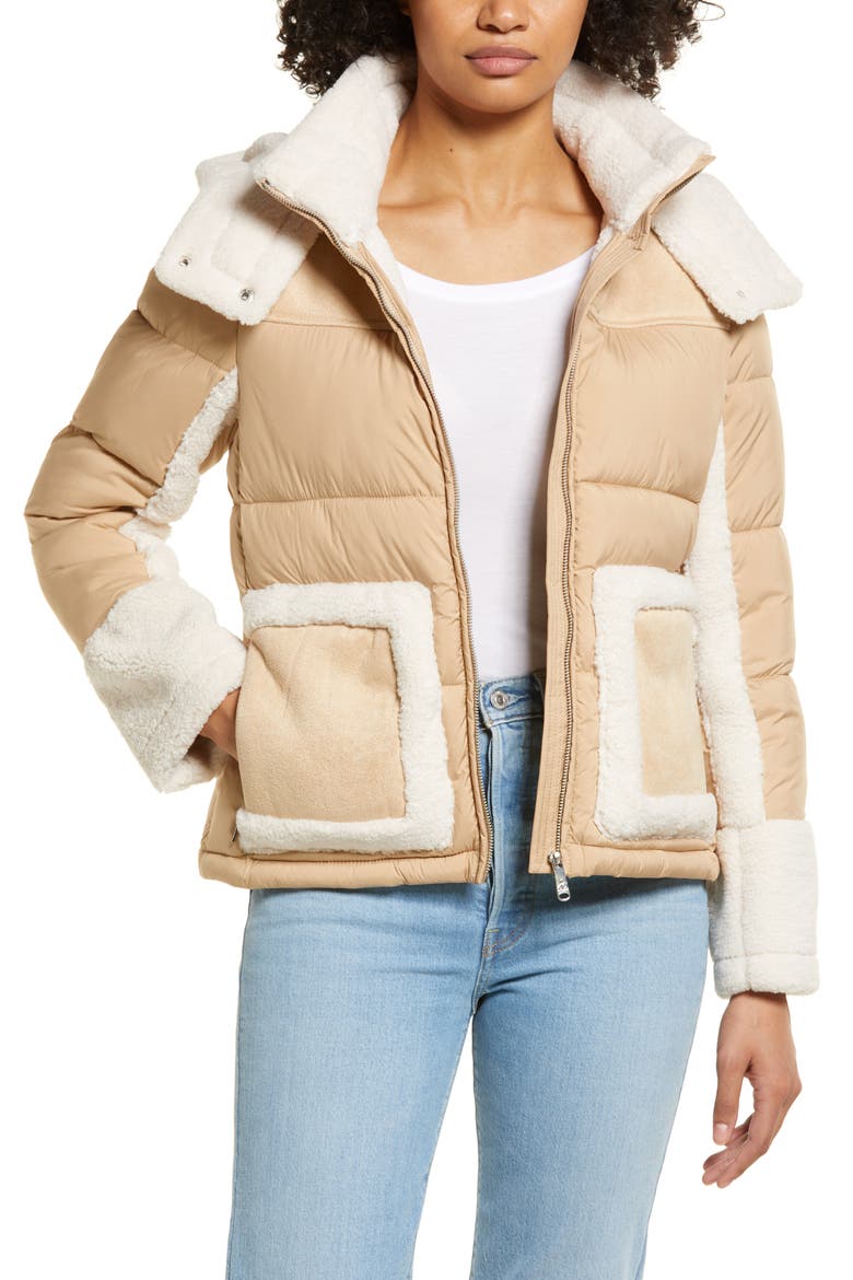 Mixed Media Puffer Jacket with Faux Fur Trim, Main, color, SAND