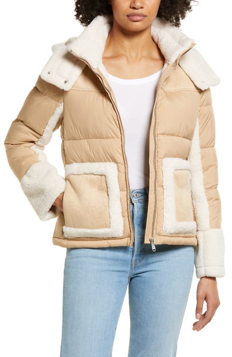 Mixed Media Puffer Jacket with Faux Fur Trim