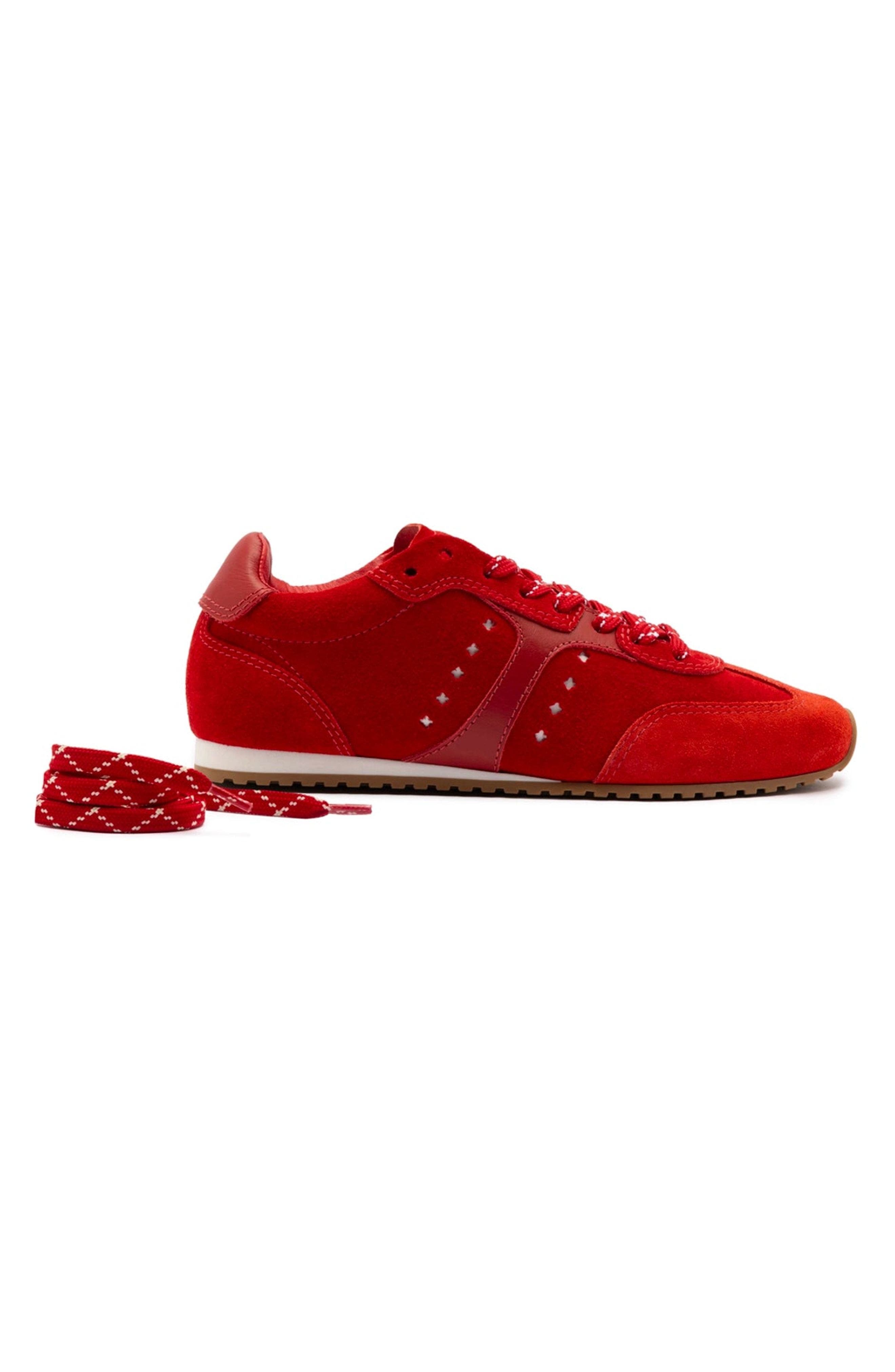 Larroudé Stella Sneaker In Scarlet Suede and Blood Red Leather, Alternate, color, 