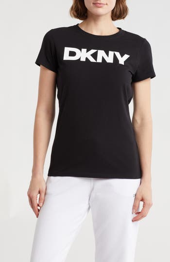 Dkny Women's Active Rhinestone-logo Distressed Crewneck Cotton T-shirt In Black/white