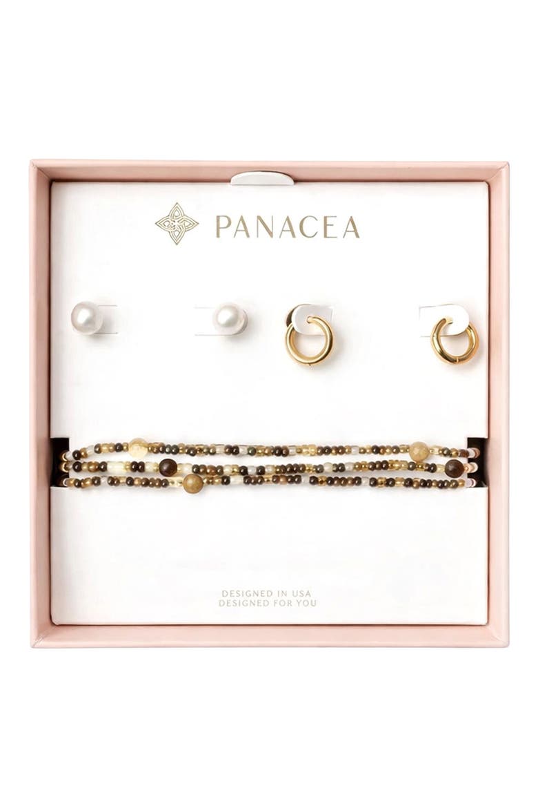 Faux Pearl Stud, Huggie Hoop Earrings & Beaded Stretch Bracelets Set, Main, color, BROWN