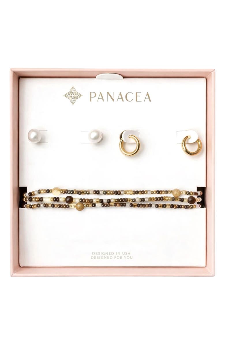 Panacea Faux Pearl Stud, Huggie Hoop Earrings & Beaded Stretch Bracelets Set, Main, color, Brown