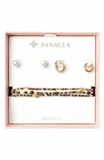 Faux Pearl Stud, Huggie Hoop Earrings & Beaded Stretch Bracelets Set