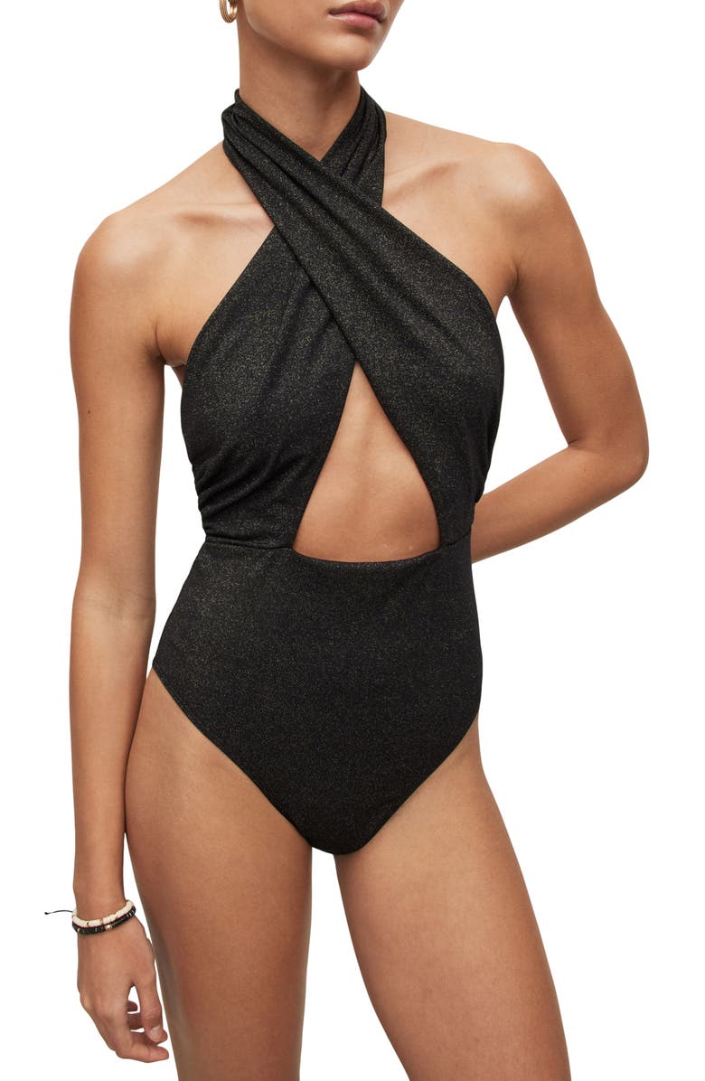 AllSaints Eleanor Shimmer Crossover Halter Neck One-Piece Swimsuit, Main, color, 