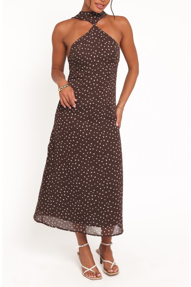 Elva Midi Halter Dress, Main, color, BROWN POLKA DOT