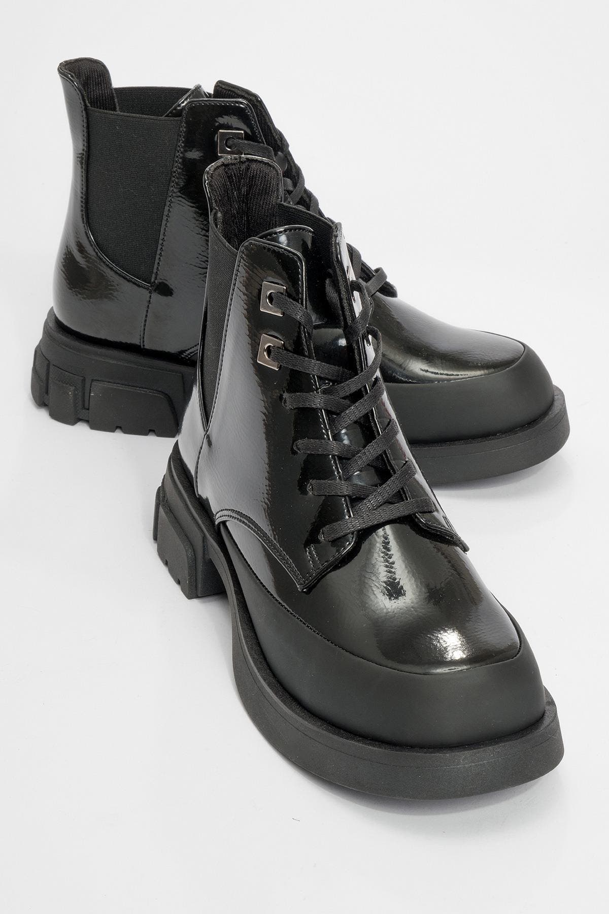 Prologue Shoes Challo Combat Boot, Main, color, Black Patent Faux Leather