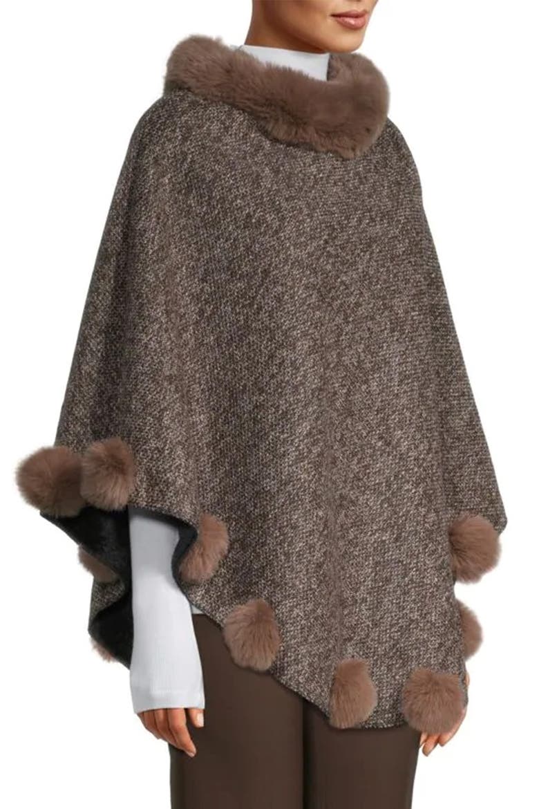Posey Faux Fur Pompom Adorned Poncho, Alternate, color, CAMEL