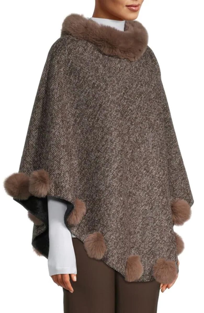 SAACHI Posey Faux Fur Pompom Adorned Poncho, Alternate, color, Camel
