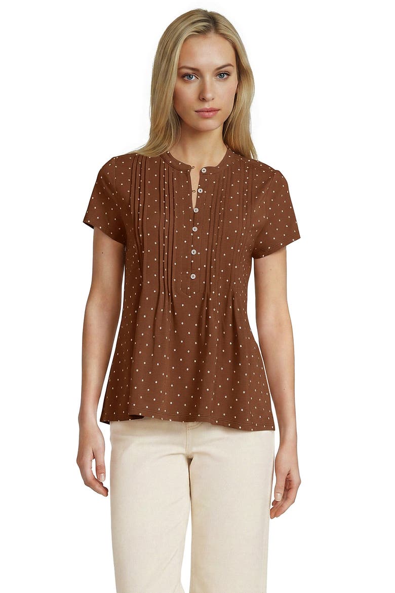 Short Sleeve Lightweight Jersey Button Pintuck Top, Alternate, color, Rich Ginger/Ivory Mini Dot