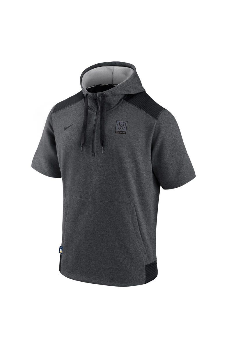 Nike Men's Nike Heathered Charcoal/Black Milwaukee Brewers Authentic Collection Dry Flux Performance Quarter-Zip Short Sleeve Hoodie, Alternate, color,