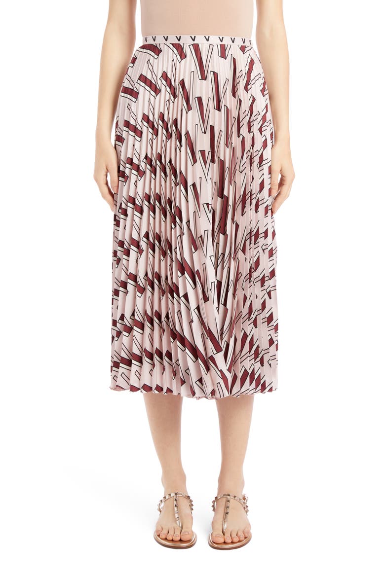 V-Print Pleated Silk Midi Skirt, Main, color, POUDRE