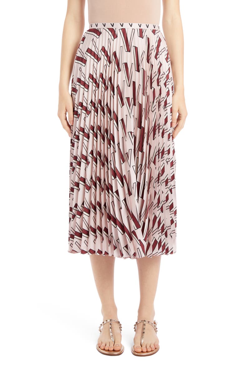 Valentino V-Print Pleated Silk Midi Skirt, Main, color,