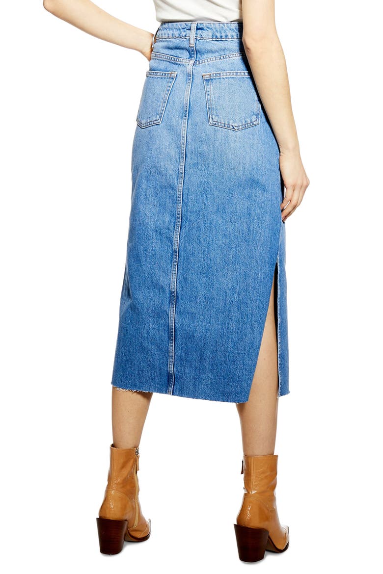 Split Denim Midi Skirt, Alternate, color, MID DENIM