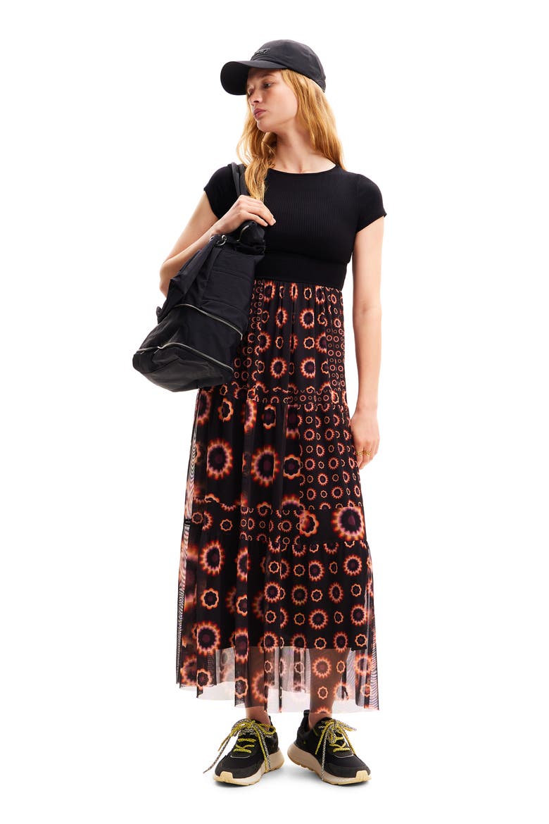 Geometric Print Combination Midi Dress, Alternate, color, BLACK